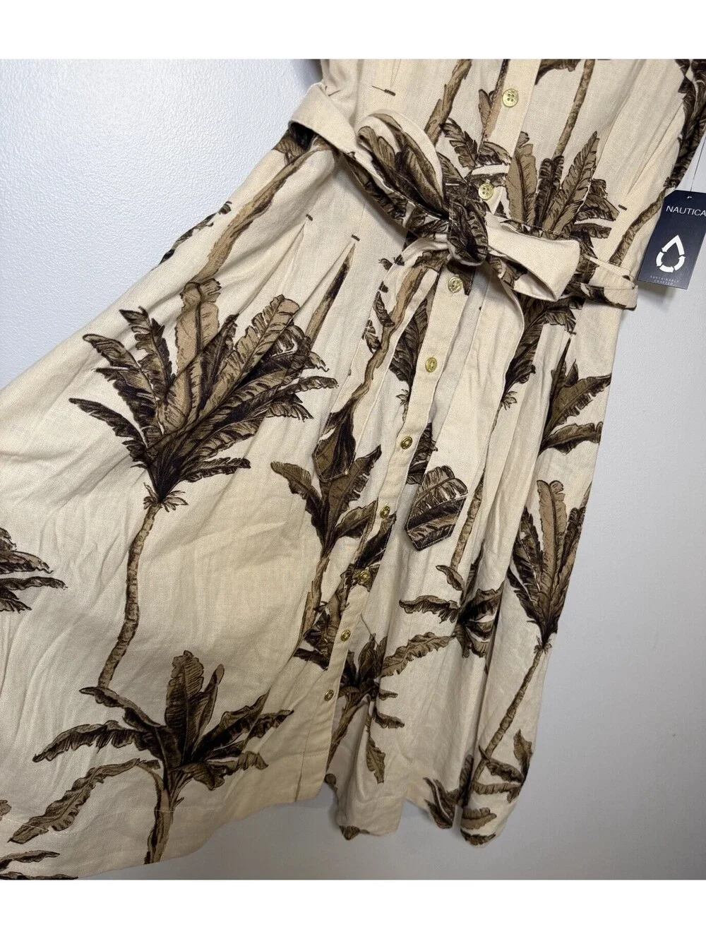 NWTS Nautica Beige Palm Frond Print Short Sleeve Shirt Dress Vneck Small Coastal
